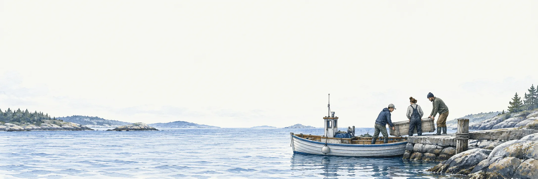 A small crew bringing equipment ashore together after returning in a wooden boat.