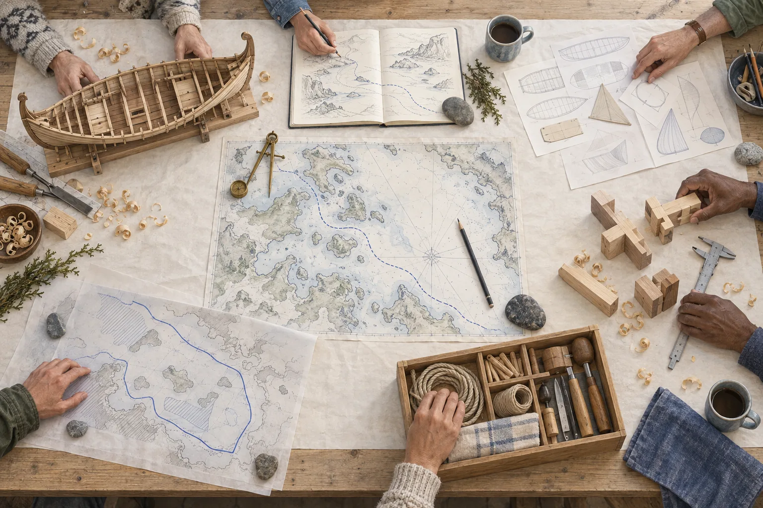 An overhead illustration of colleagues’ hands around a shared chart, with a longship model, route notes, design drawings, timber joints, a tool tray, and a marked risk map.