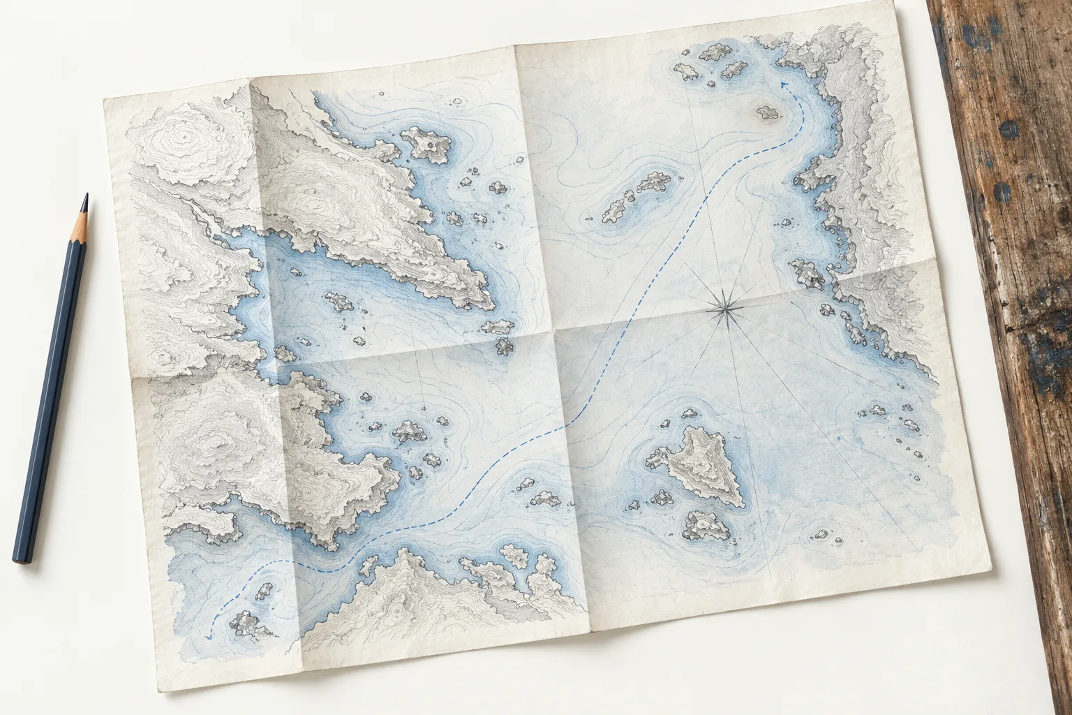 A pencil, a folded coastal chart, and working notes on a timber surface.