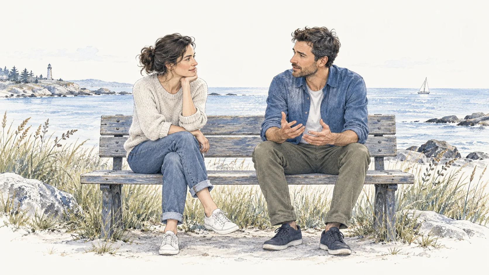 Two colleagues in a quiet conversation beside the water, one speaking and the other listening.