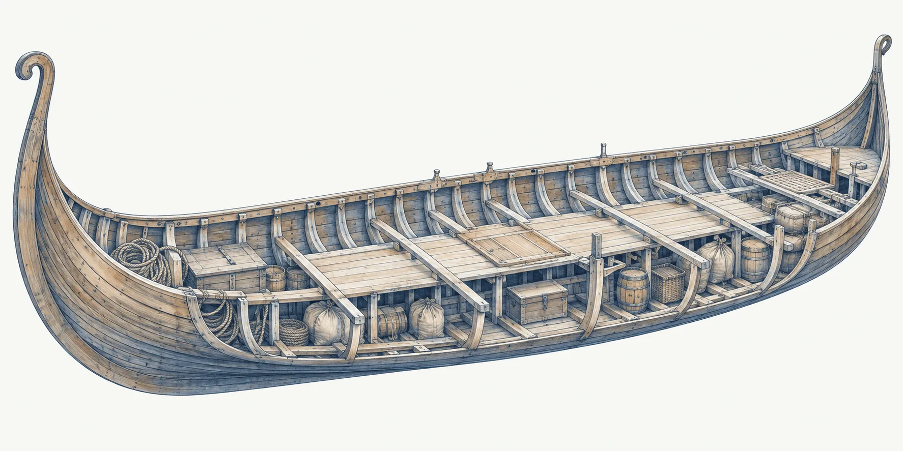 An open longship cutaway showing the hull, ribs, deck, and equipment compartments.